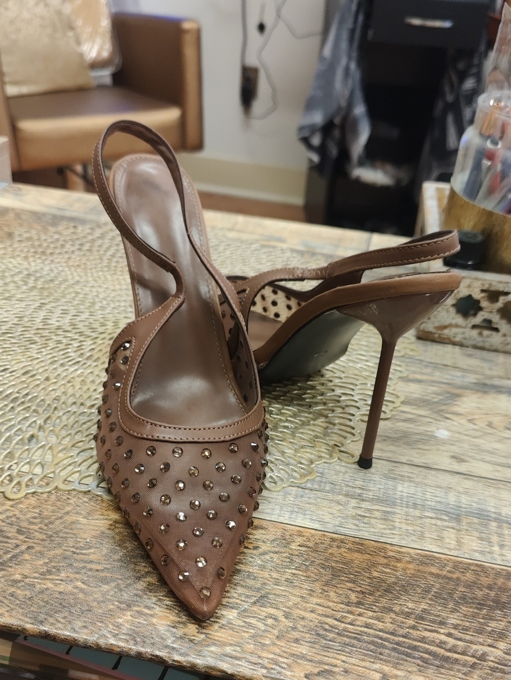 Chocolate Brown With Rhinestones Pointed-Toe Slingback Heels - Women's